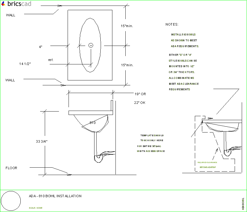 ADA Compliant Vanity Layout using 810 Bowl. AIA CAD Details--zipped into WinZip format files for faster downloading.