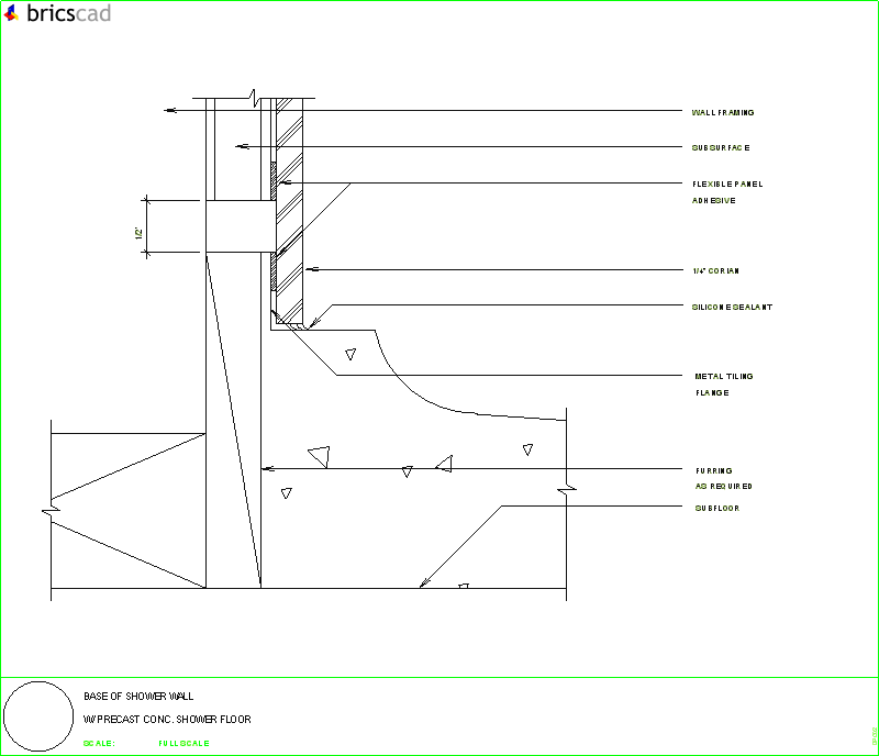 Base of shower wall with precast concrete shower floor. AIA CAD Details--zipped into WinZip format files for faster downloading.