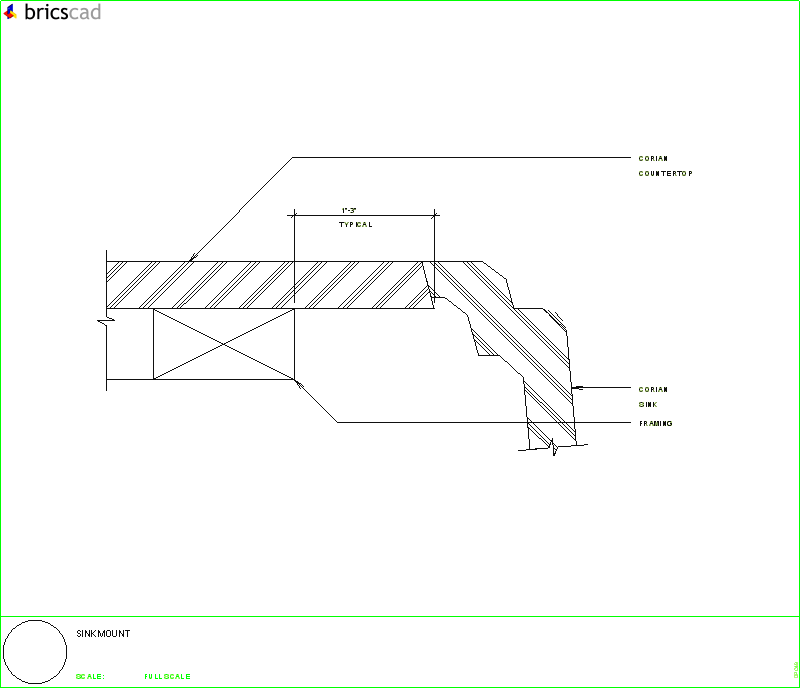 Sink/lav mount - flush bevel mount using joint adhesive and 1/2 or 3/4 inch CORIAN® top. AIA CAD Details--zipped into WinZip format files for faster downloading.