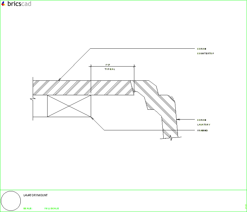 Sink/lav mount - flush bevel mount with CORIAN® top using joint adhesive. AIA CAD Details--zipped into WinZip format files for faster downloading.