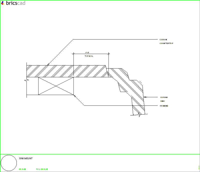 Sink/lav mount - stepdown bevel mount using joint adhesive into 1/2 or 3/4 inch CORIAN® top. AIA CAD Details--zipped into WinZip format files for faster downloading.