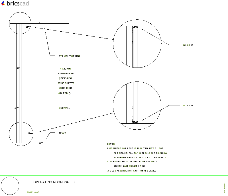 Covering operating room walls with 1/4 inch CORIAN® applies to clean rooms. AIA CAD Details--zipped into WinZip format files for faster downloading.