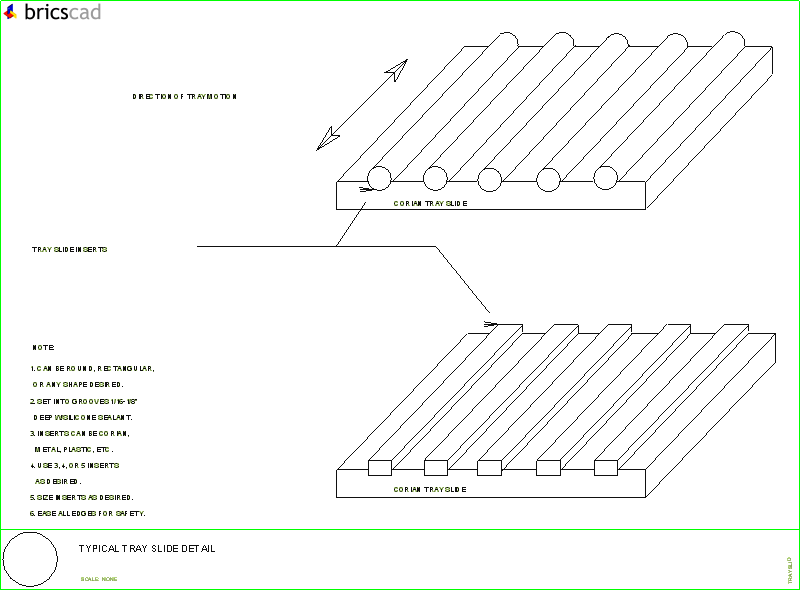 Typical Tray Slide Detail showing inserts of steel or CORIAN®. AIA CAD Details--zipped into WinZip format files for faster downloading.