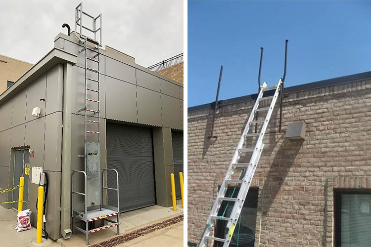 Left: Permanent Vertical Ladder – A traditional option with safety and security limitations. Right: Ladder Receiver – A safer, more secure solution that meets OSHA standards while preventing unauthorized access.