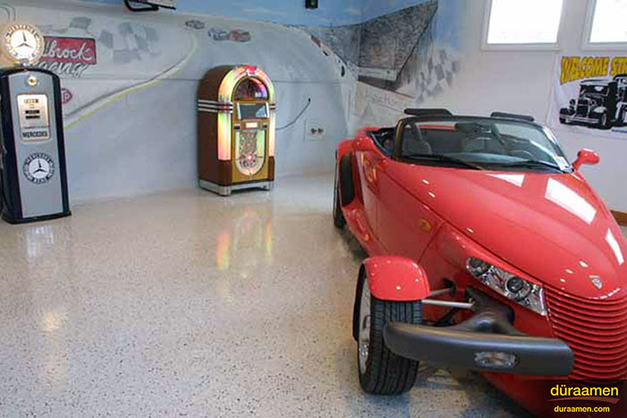 This classy garage has had the Endura Garage floor coating system installed professionally.