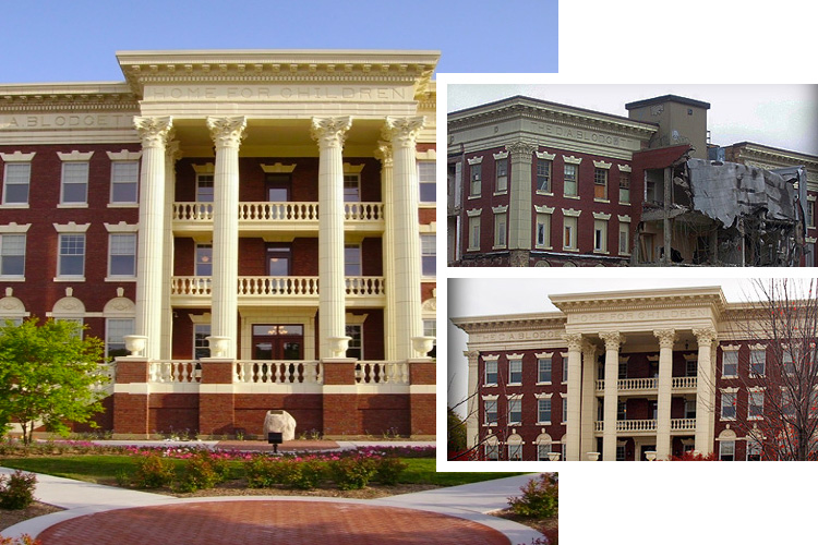 Before and after images of the D.A. Blodgett building, which was renovated using Stromberg GFRC architectural products.