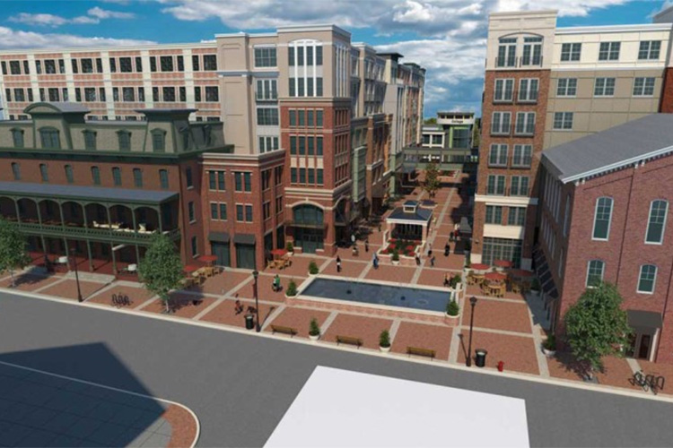 Urban renewal built on Penetron: This rendering shows Flemington’s totally renovated Union Hotel with a restaurant and bar, the adjacent 206 rental apartments, and ground floor retail spaces.